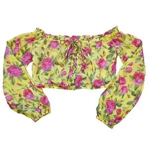 Luli Fama Floral Off Shoulder Crop Top Radiant Yellow Medium NWT Boho